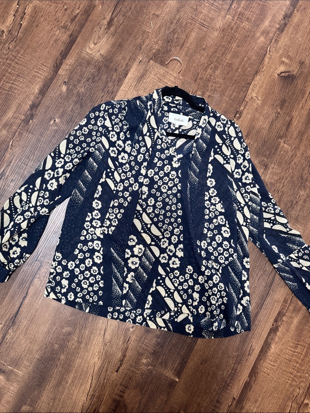 ba&sh Navy and White Floral-Print Blouse